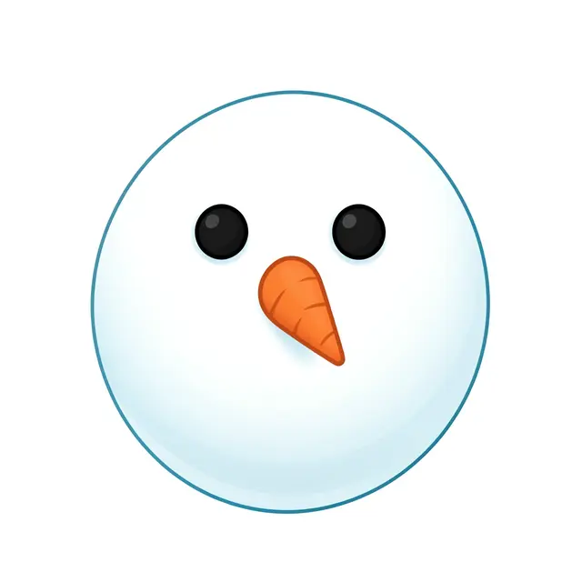 Flat clipart of a round snowman head with coal eyes and a carrot nose isolated on a white background