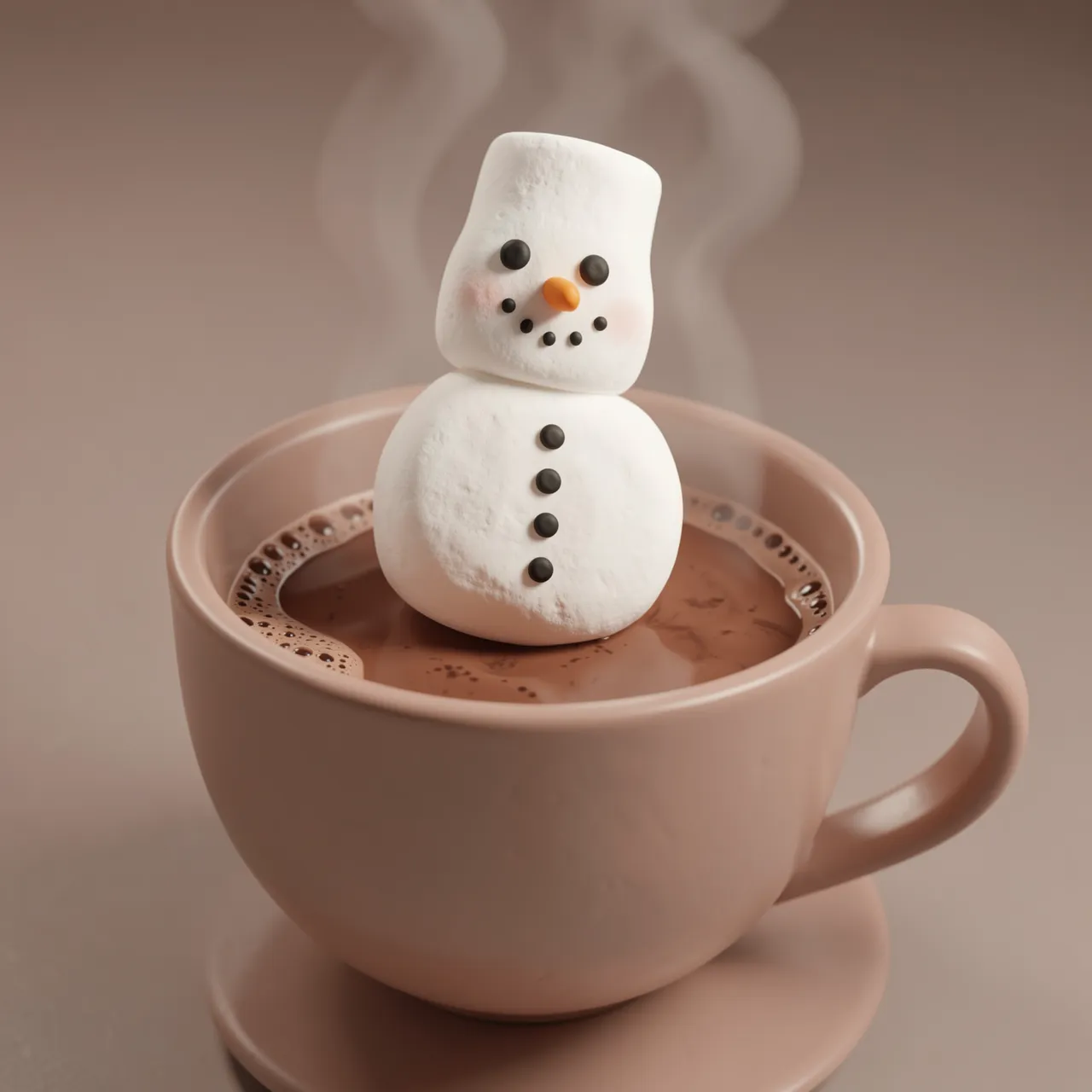 A snowman-shaped marshmallow floats in a steaming mug of hot cocoa on a saucer