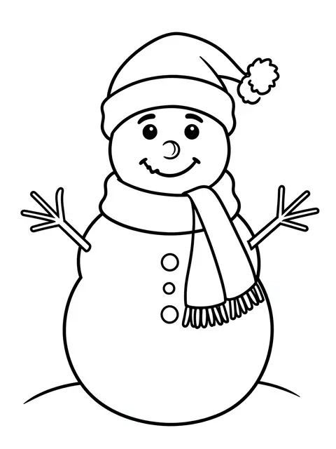Simple bold black line art of a smiling snowman with a Santa hat and scarf on a white background