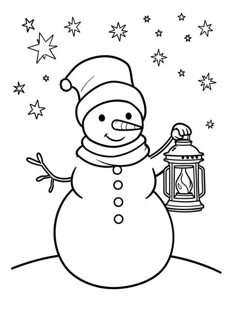 Black and white line art snowman holding a lantern beneath drawn star shapes on a white background