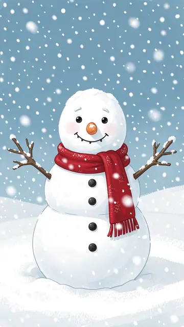 A cheerful illustrated snowman with a red scarf stands in falling snow over a snowy landscape.
