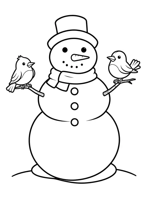 Black and white line art coloring page of a top hat snowman with small birds perched on its stick arms