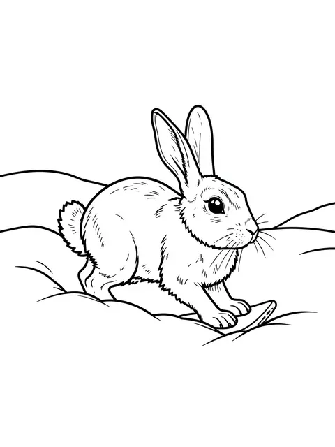 Bold black and white line art of a snowshoe hare standing on deep snow drifts on a plain white background