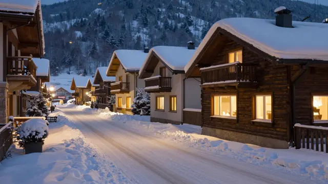 A quiet snow-covered village street lined with glowing chalet homes at twilight, backed by forested mountains.