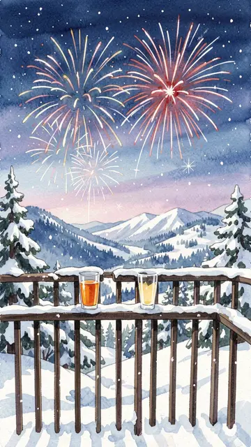 Watercolor illustration of a snowy wooden balcony with two drink glasses overlooking a mountain valley lit by night