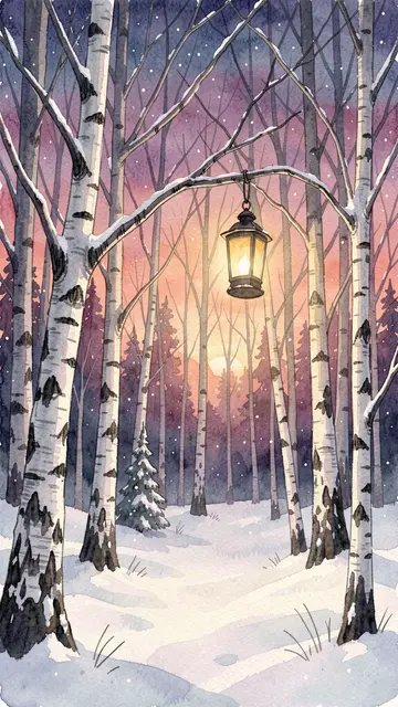 Warm glowing lantern hangs from a snow-dusted birch branch in a snowy winter forest at sunset