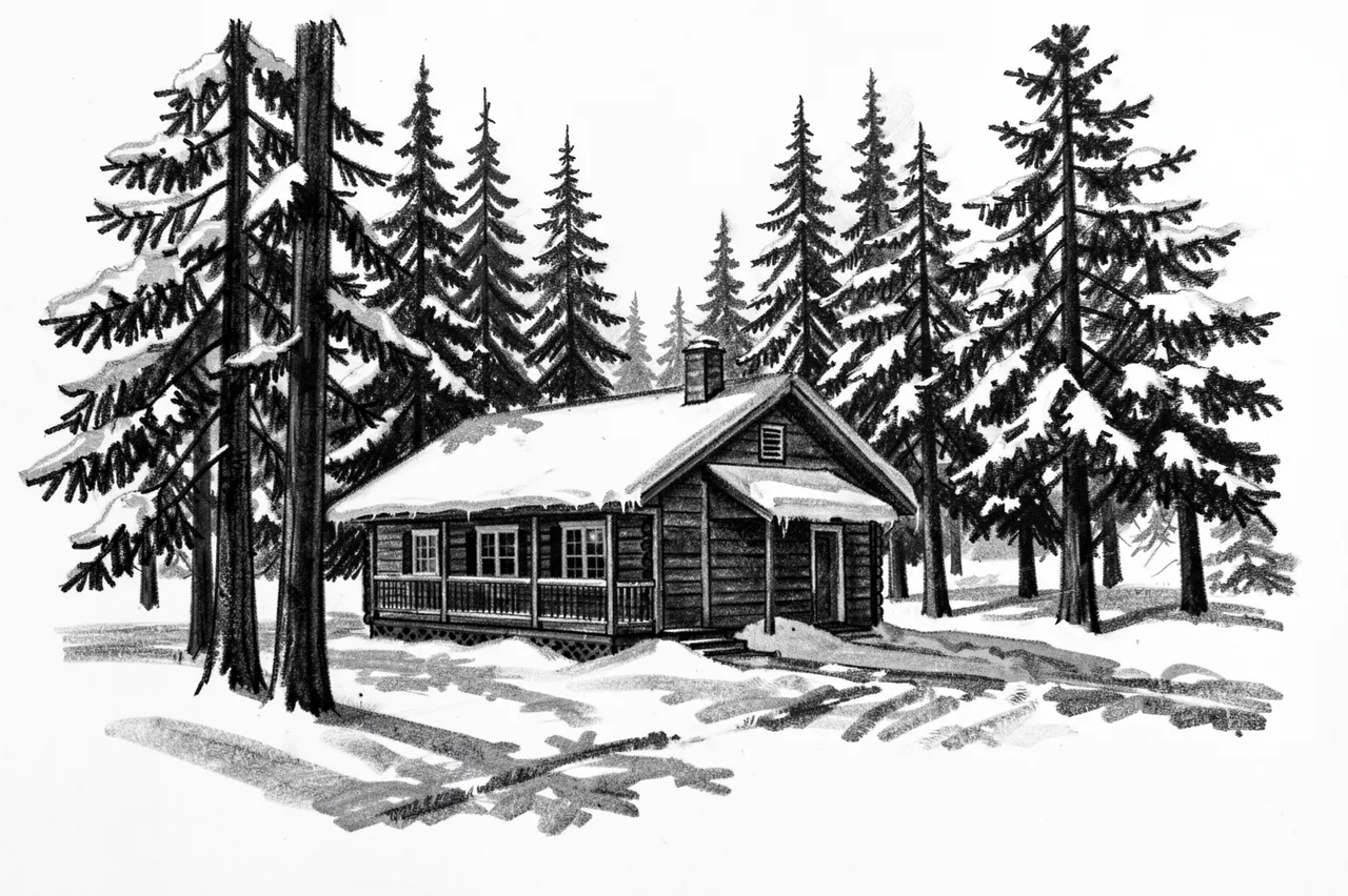 Charcoal sketch of a snow covered log cabin surrounded by tall winter pine trees