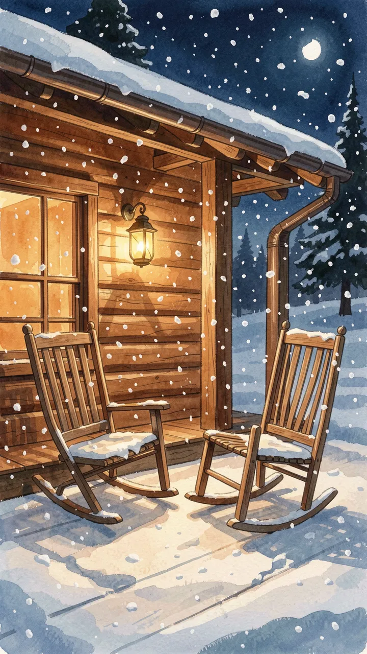 Two empty wooden rocking chairs sit on a snow-dusted cabin porch under a glowing lantern as snow falls at night.
