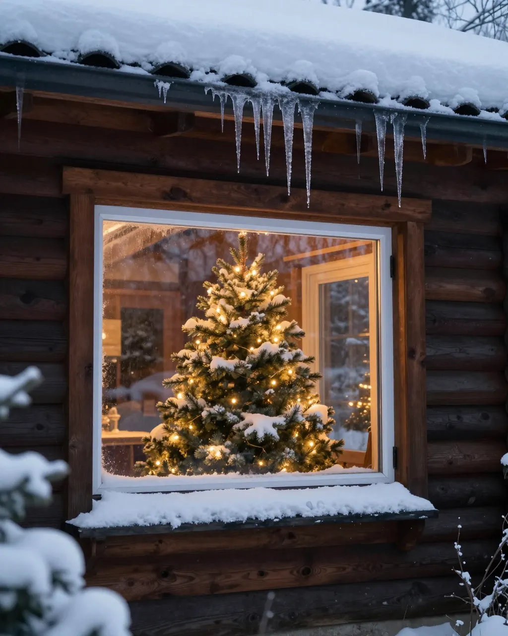 View from outside of a snow-covered log cabin window showing a lit Christmas tree inside, with icicles hanging from the