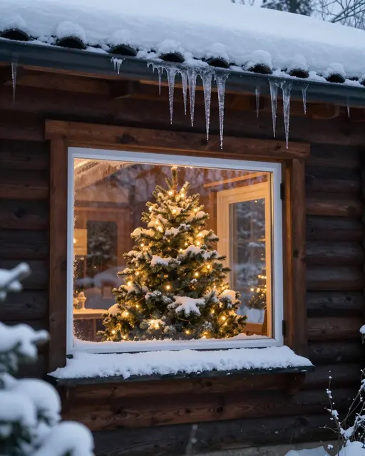 View from outside of a snow-covered log cabin window showing a lit Christmas tree inside, with icicles hanging from the