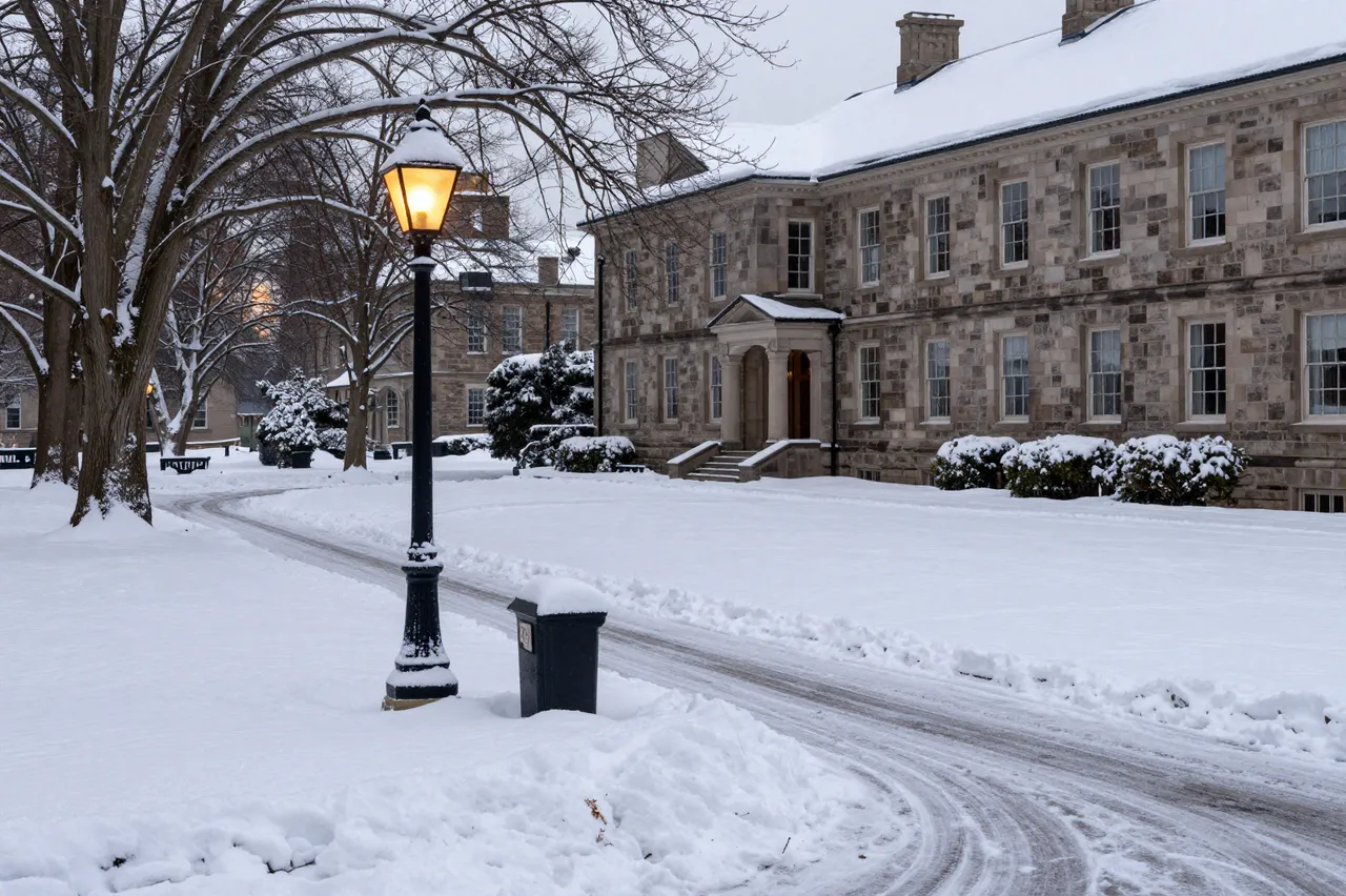 Lit vintage lamp post stands along a snow covered drive beside stone campus buildings at overcast dusk