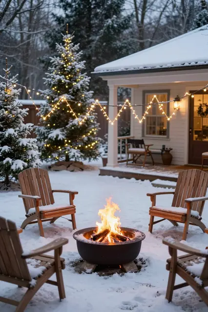 Lit fire pit surrounded by wooden chairs and string lights in a snow-covered holiday backyard at dusk