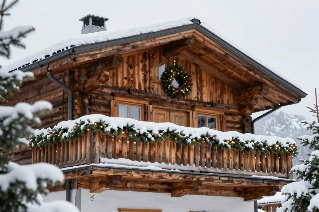 Wooden mountain chalet draped in snow with festive pine garland and holiday lights on an overcast winter day