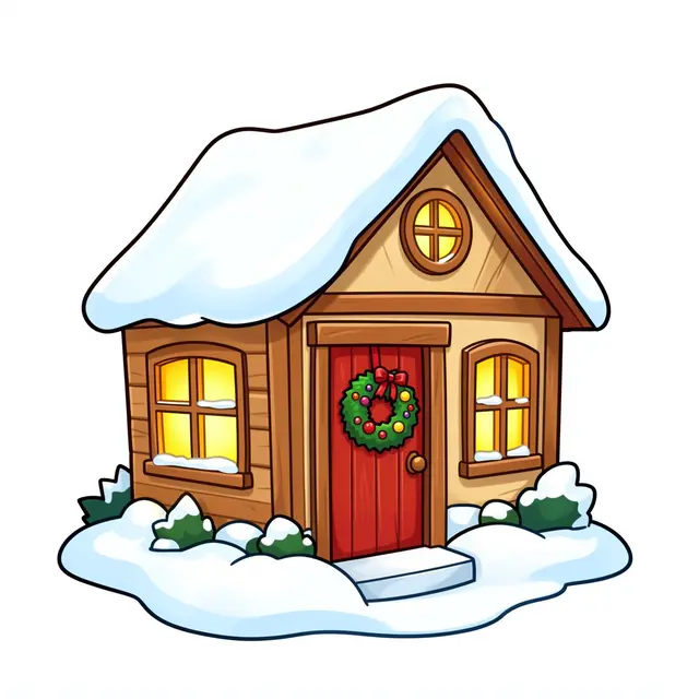 Cute cartoon Christmas cottage with snow covered roof, glowing windows, and a wreath on a red door isolated on white
