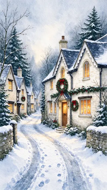 Watercolor painting of a snow-covered village lane lined with festive stone cottages and warm glowing windows