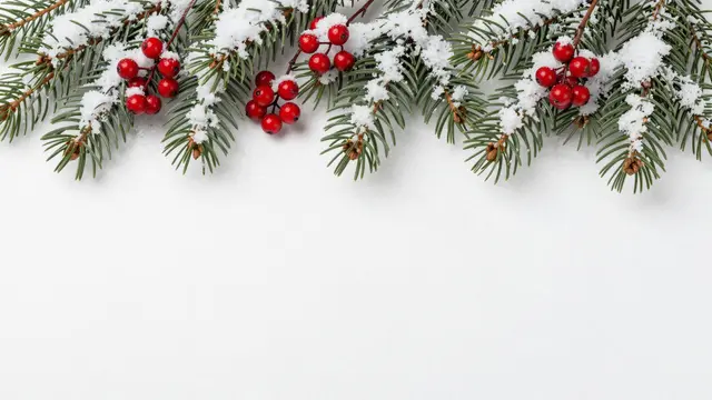 Snow-dusted fir branches with red berries form a top border above blank white snowy copy space.