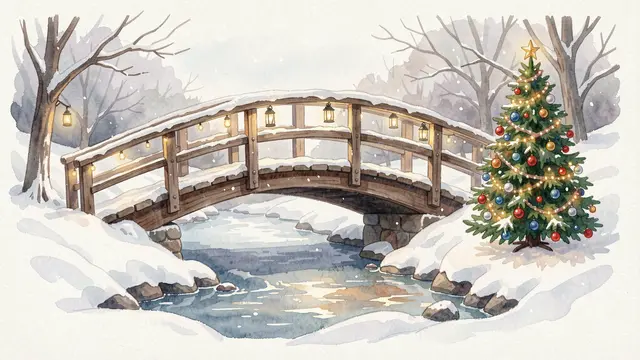 Watercolor illustration of a snow-covered wooden footbridge over a partially frozen stream next to a decorated Christmas