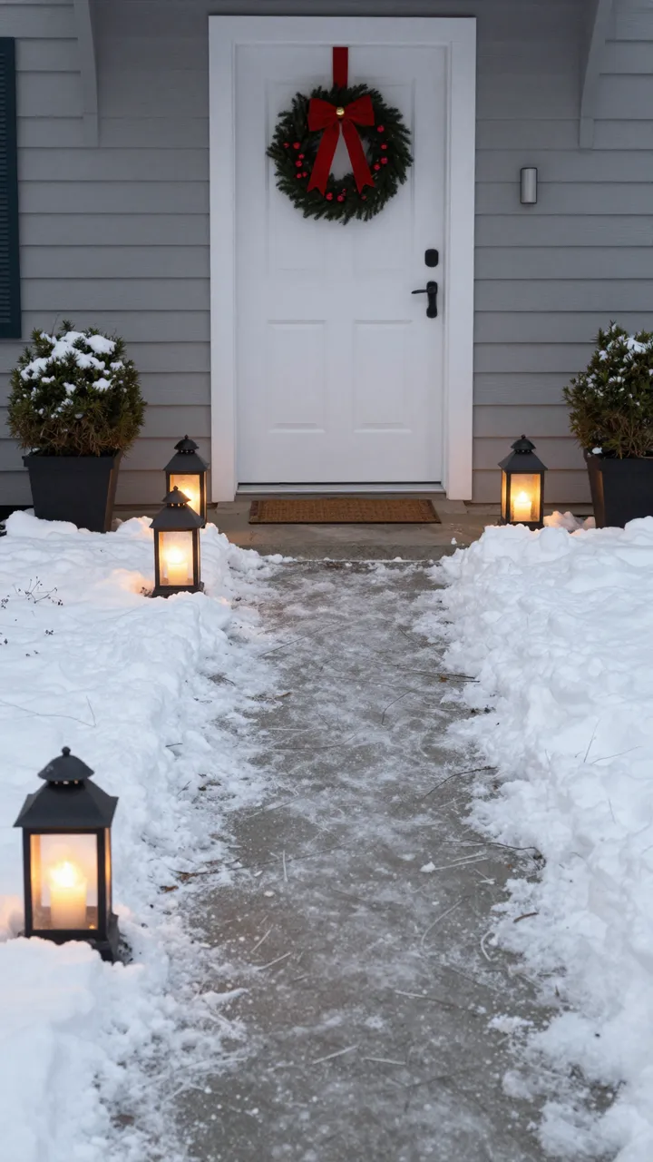 Lit lanterns line a snowy concrete walk leading to a white door with a Christmas wreath