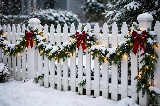 White picket fence dusted with snow, decorated with lit evergreen garland and red bows for Christmas