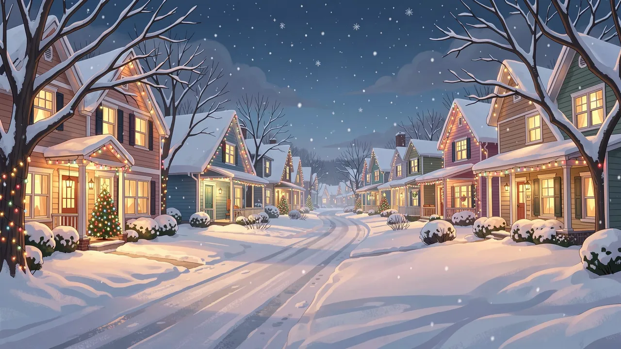 Illustrated winter suburban street lined with lit houses, falling snow, and Christmas decorations at night