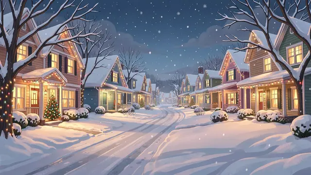 Illustrated winter suburban street lined with lit houses, falling snow, and Christmas decorations at night