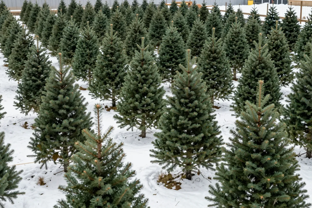 Neat rows of evergreen pine Christmas trees stand in fresh snow at a winter tree farm.