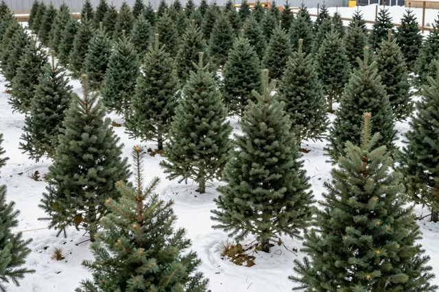 Neat rows of evergreen pine Christmas trees stand in fresh snow at a winter tree farm.