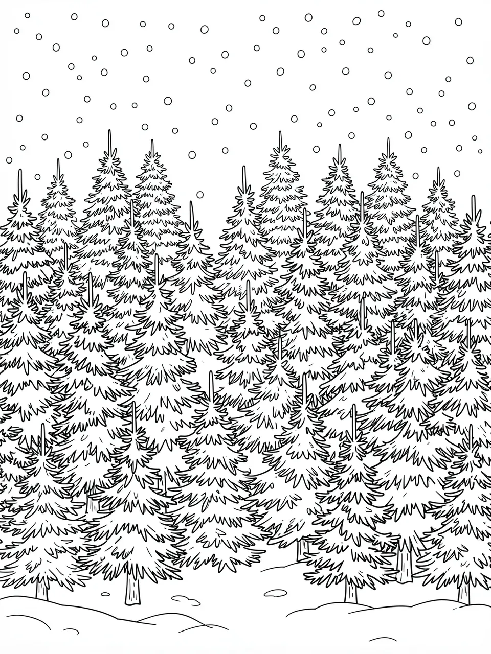 Black and white line art of dense rows of pine trees under falling snow on a white background