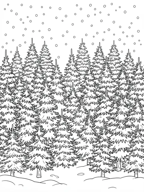 Black and white line art of dense rows of pine trees under falling snow on a white background