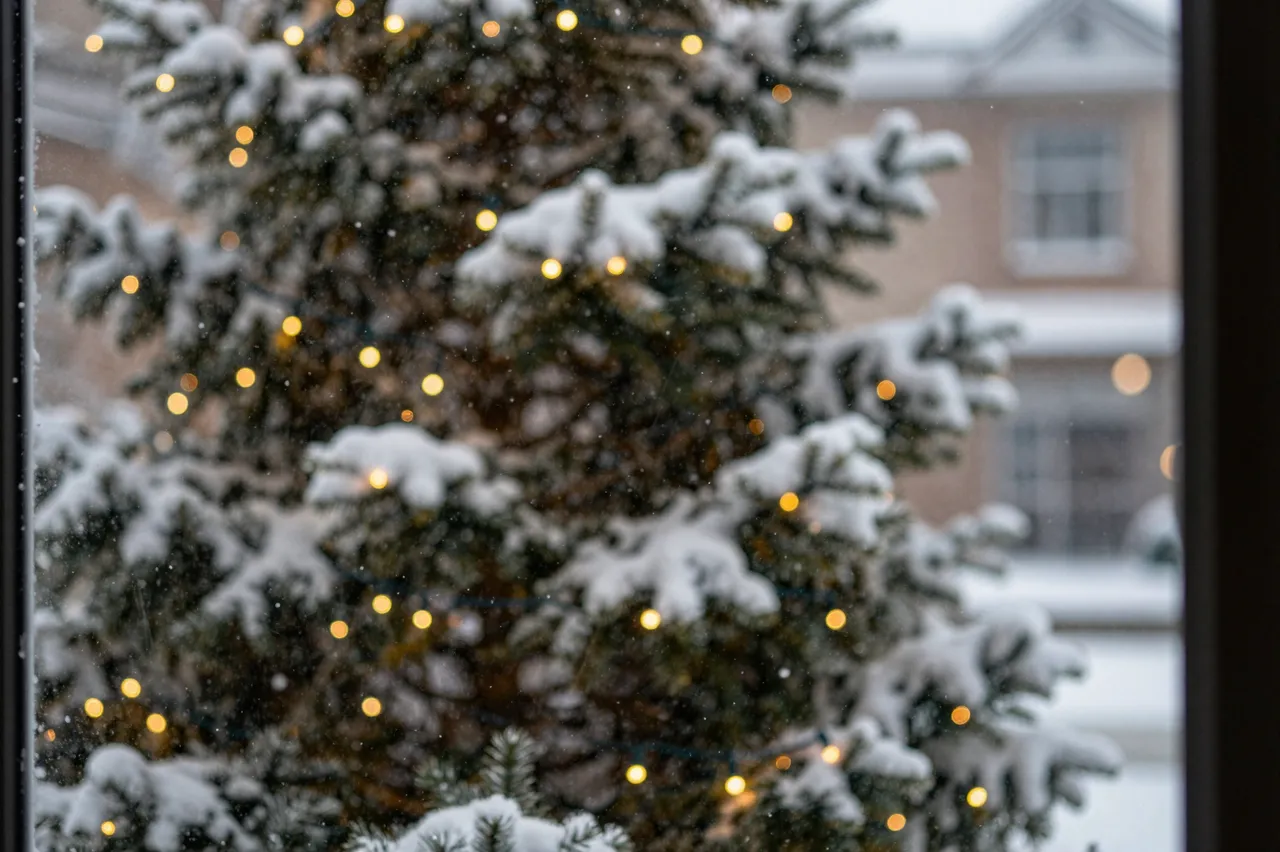 A snow-covered lit Christmas tree is seen through a window as snow falls outside a suburban home.