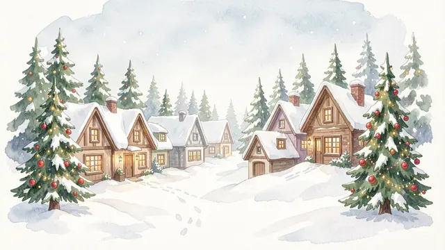 Watercolor illustration of a cozy snowy Christmas village lined with decorated pine trees and glowing cottages