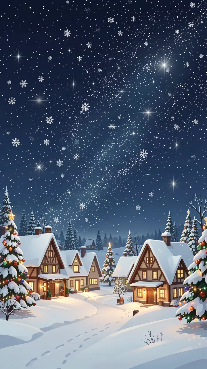 Vertical illustrated snowy village with lit cottages, decorated trees, and falling snow under a starry winter sky