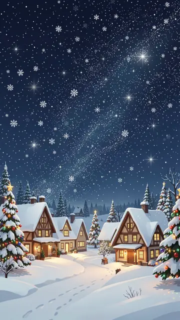 Vertical illustrated snowy village with lit cottages, decorated trees, and falling snow under a starry winter sky
