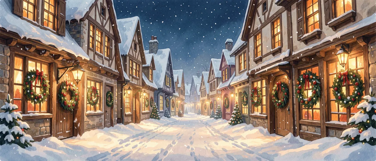 Gouache illustration of a quiet snow-covered village street at night lined with lit Tudor homes and festive wreaths as snow