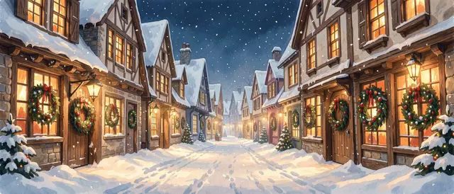 Gouache illustration of a quiet snow-covered village street at night lined with lit Tudor homes and festive wreaths as snow