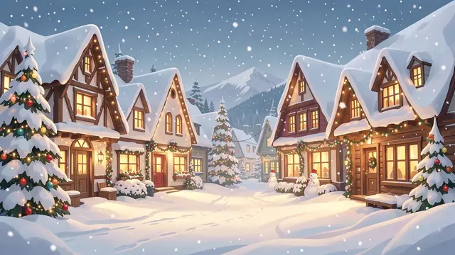 Cozy snow-covered winter village street lined with festive houses, lit Christmas trees and falling snow at twilight