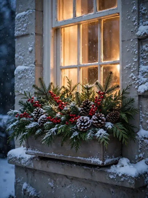 Festive evergreen, pinecone and red berry filled window box under a glowing snow-dusted cottage window during a snowfall.