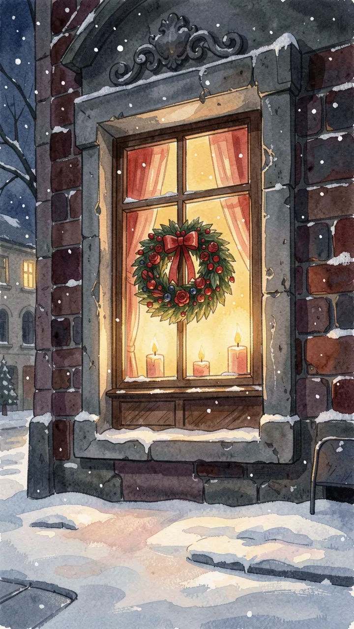 Lit window with a festive wreath and candles overlooking a snowy street on a dark winter night
