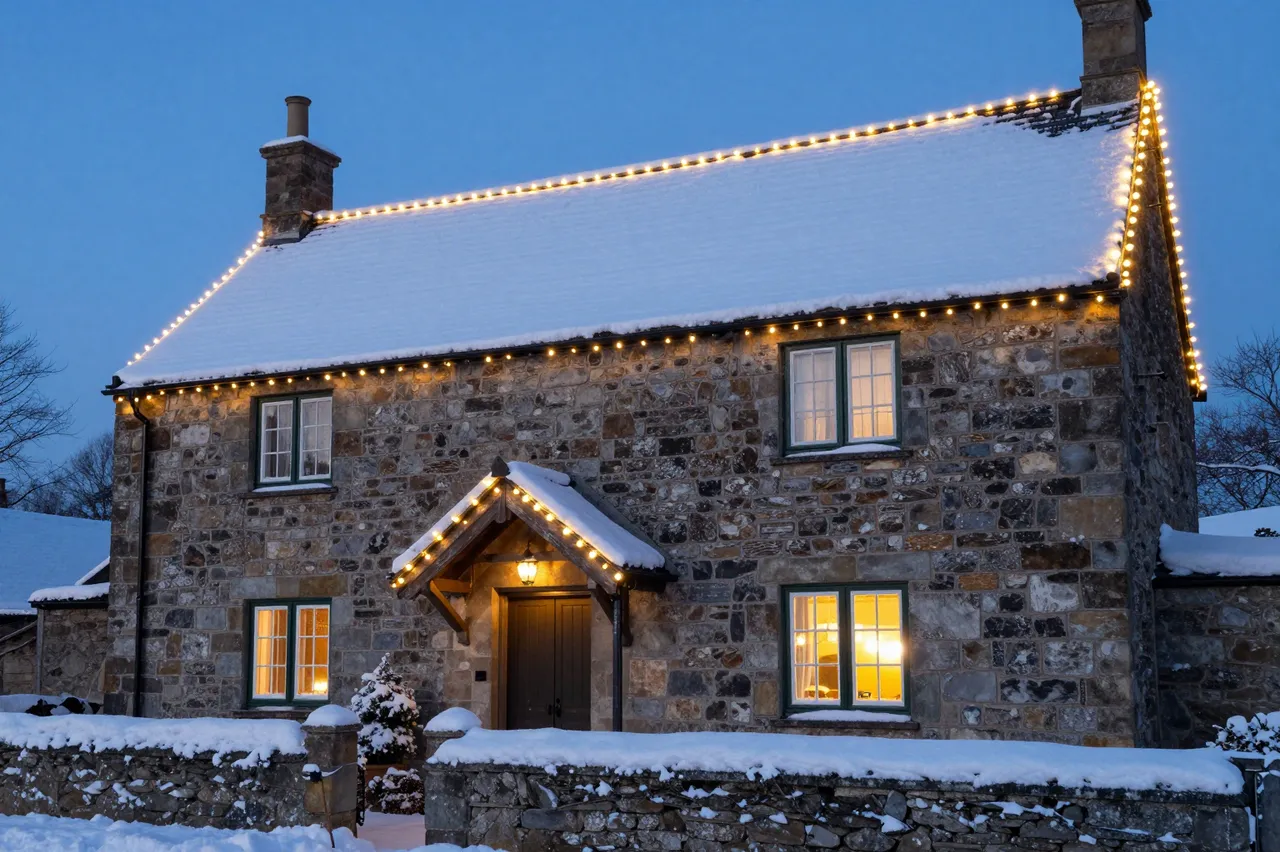 Stone cottage wrapped in warm Christmas lights stands in fresh snow at blue hour