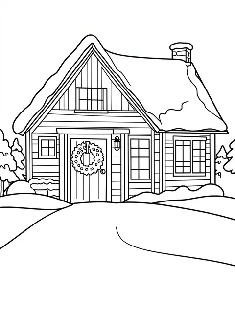 Bold black line art of a cozy snowy cottage with a wreath on the front door, set against a blank white background.