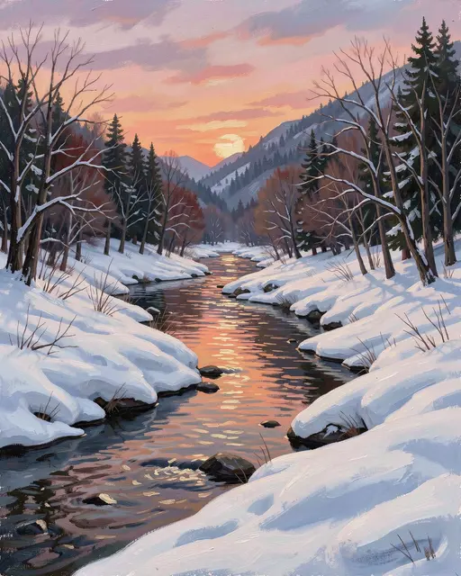 Plein air painting of a winding snowy valley creek reflecting warm dusk sunset light