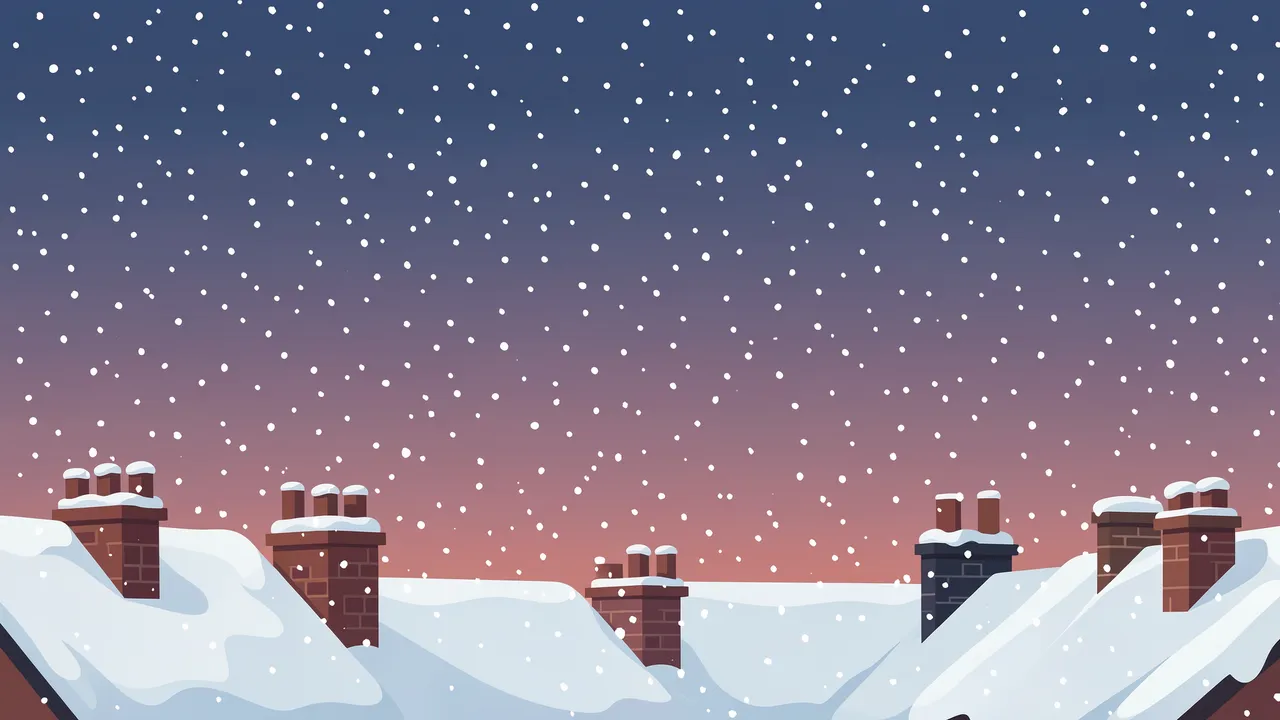Falling snow falls above snow-covered brick rooftops and chimneys under a gradient dusk sky.