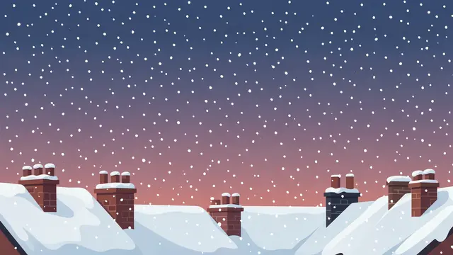 Falling snow falls above snow-covered brick rooftops and chimneys under a gradient dusk sky.