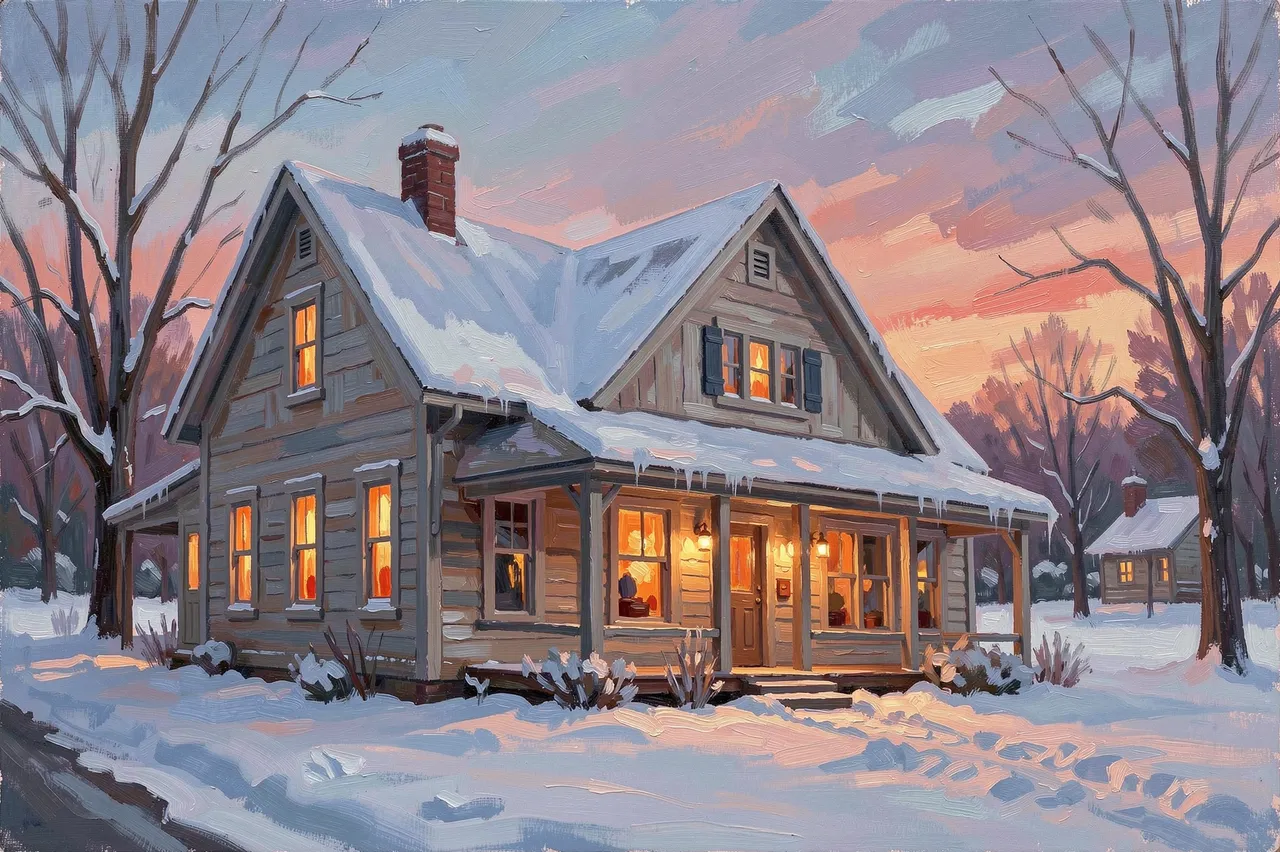 Impressionist oil painting of a snow-covered wooden farmhouse with warm glowing windows at colorful dusk