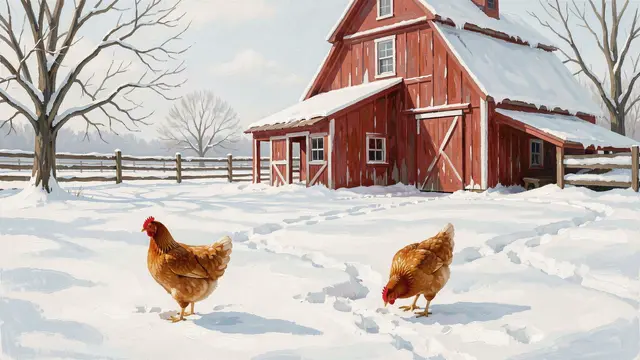 Gouache painting of a snow-covered farmyard with a red barn and two brown hens standing in fresh snow