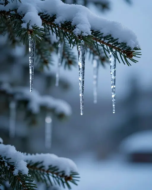 Clear icicles hang from a snow-covered evergreen fir branch in soft cool blue dusk light