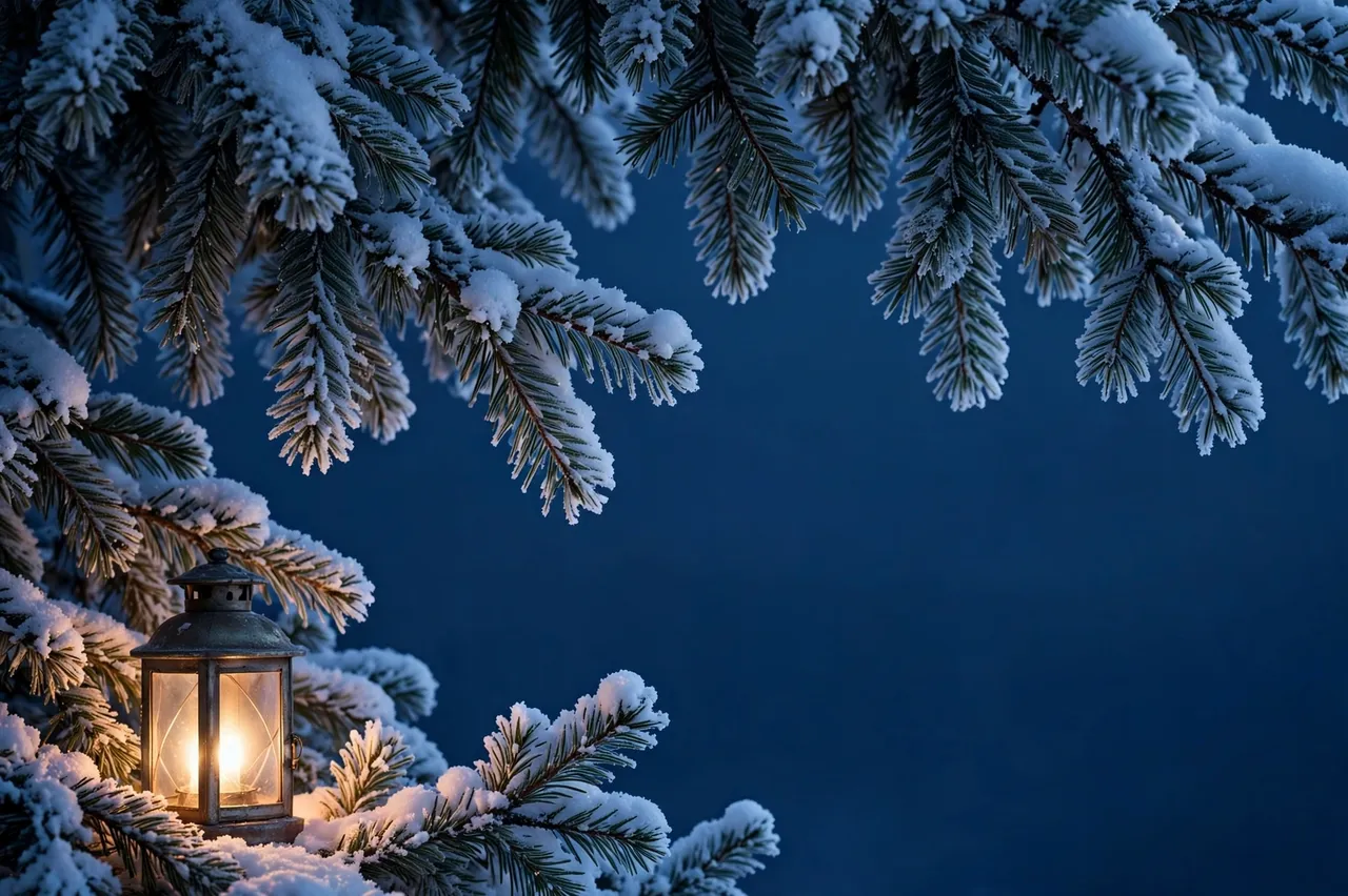 A glowing vintage lantern sits on snow-covered fir branches against a smooth dark blue dusk sky with empty copy space