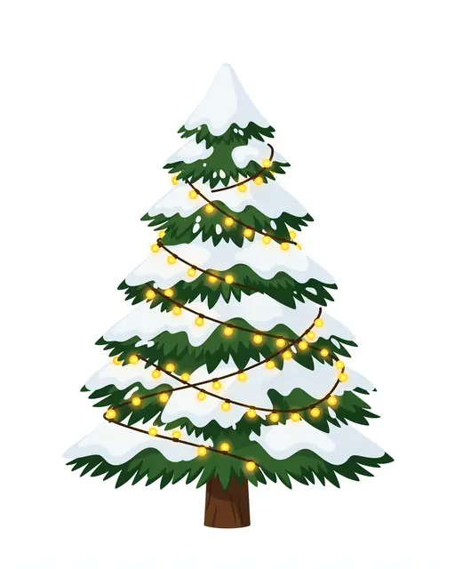 Flat illustration of a snow-covered fir tree wrapped in glowing warm string lights on a plain white background