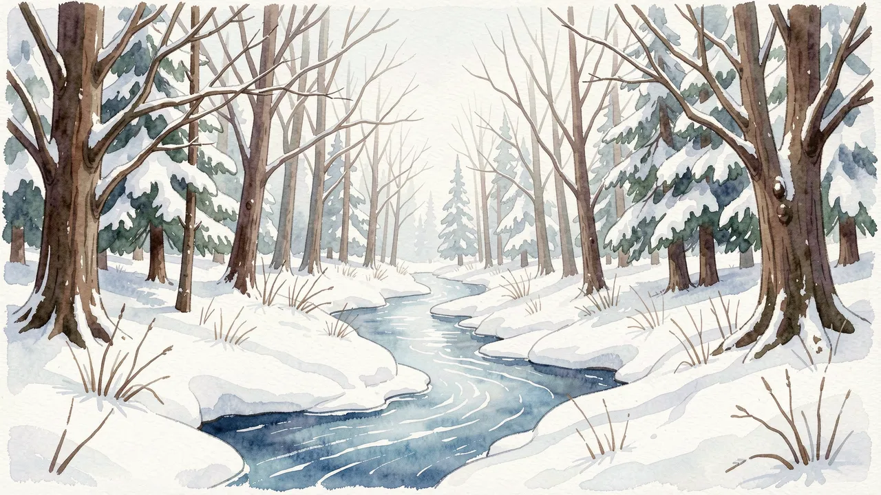 Watercolor illustration of a snow covered forest with a winding partially frozen stream running through trees