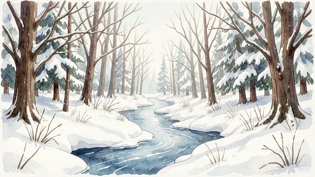 Watercolor illustration of a snow covered forest with a winding partially frozen stream running through trees